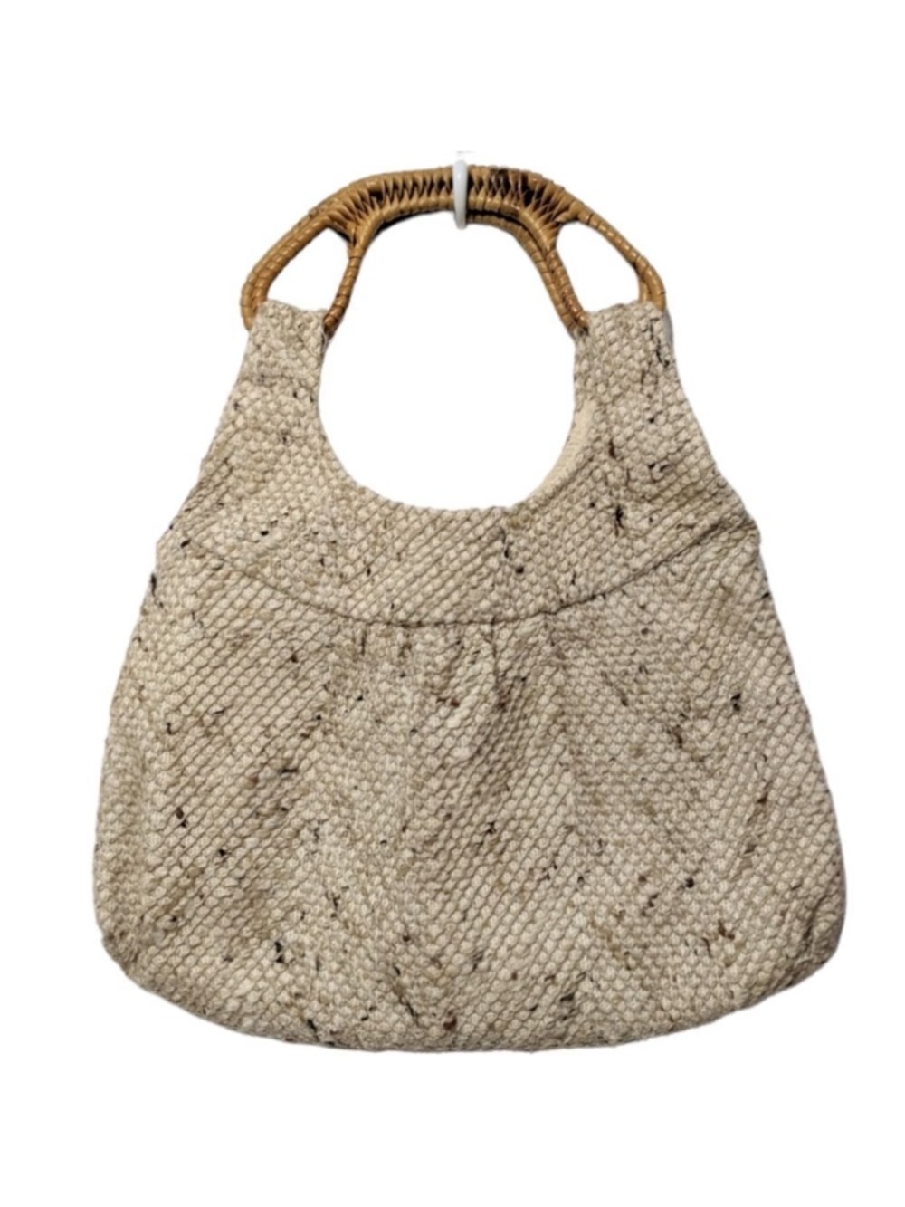 VINTAGE Woven Textured Fabric Wood Handle Tote Bag